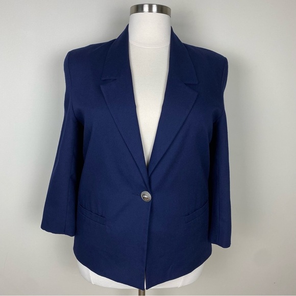 Pyke Limited Vintage Blazer Jacket Size 16 Lined Navy Blue Shoulder Pads Pockets - Picture 1 of 16